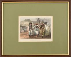 cca 1850 Adolphe Rouargue (1810-1884): Hongrois et Croates, Paris, F. Chardon, kézzel színezett acélmetszet, paszpartuban, üvegezett fa keretben, 11,5x16 cm