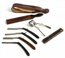 Régi fodrászkellékek (8 db): kézi fém hajvágó + 4 db borotva, az egyik eredeti dobozában + fenőkő, fa borotvafenő és bőr fenőszíj, kopottas állapotban