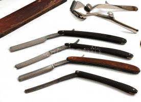 Régi fodrászkellékek (8 db): kézi fém hajvágó + 4 db borotva, az egyik eredeti dobozában + fenőkő, f...