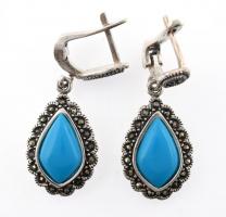 Ezüst(Ag) fülbevalópár, markazittal és kék kővel, jelzett, h: 3,5 cm, bruttó: 9,27 g