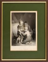 Francois Antoine de Bruycker (1816-1882)-W. French (?-?): Die neue Hausgenossen, acélmetszet, papír, jelzett a nyomaton, paszpartu, üvegezett fa keretben, 18x14 cm