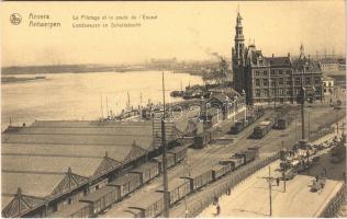 Antwerp, Anvers, Antwerpen; Le Pilotage et le coude de lEscaut / quay, railway station, tram