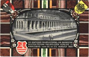 XXI. Deutscher Philatelistentag u. XIII. Bundestag Deutsch-Österr. Philatelisten Vereine in Karlsbad vom 20. bis 23. August 1909 / XXI. German Philatelist Day and XIII. German-Austrian Philatelists Association Day in Karlovy Vary, coat of arms. Art Nouveau + So. Stpl. (EB)