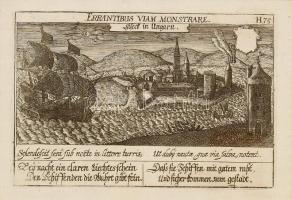 XVII. sz. első harmada-közepe Daniel Meisner (1585-1625): Errantibus Viam Monstrare, Siseck in Ungarn (Sziszek vára Magyarországon),Sziszek vára a Száva a Kupa folyók között, rézmetszet, papír, jelzés nélkül, paszpartuban, üvegezett fa keretben, a felületén kopásnyommal, 9,5x14,5 cm/   cca First fird-middle of the XVII century Daniel Meisner (1585-1625): Errantibus Viam Monstrare, Siseck in Ungarn, Sisak fortress between Sava and Kupa rivers, copper engraving, paper, without sign, in passe-partout, in wooden frame, worn, 9,5x14,5 cm