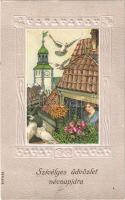 1910 Szívélyes üdvözlet névnapjára / Name Day greeting art postcard. Art Nouveau, Floral, Emb. litho