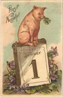 1906 Prosit Neujahr! / New Year greeting art postcard with pig and clover. Art Nouveau, Floral, Emb. litho (apró lyukak / tiny pinholes)