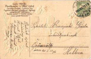 1906 Prosit Neujahr! / New Year greeting art postcard with pig and clover. Art Nouveau, Floral, Emb....