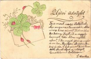 1902 Újévi üdvözlet / New Year greeting art postcard with clovers. Art Nouveau, Emb. litho (EB)