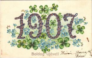 1907 Boldog Újévet! / New Year greeting art postcard with clovers. Art Nouveau, Floral, litho