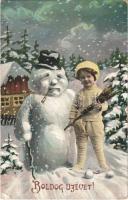 1911 Boldog Újévet! / New Year greeting card, child with snowman. L&P 4363. (fa)