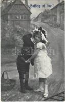 1913 Boldog Újévet! / New Year greeting card, chimney sweeper boy with girl, romantic couple (EK)
