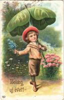 1909 Boldog Újévet! / New Year greeting art postcard, clover umbrella. EAS litho (szakadások / tears)