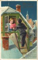 1914 Boldog Újévet! / New Year greeting art postcard, romantic couple, chimney sweeper. litho (EK)