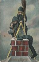 1914 Boldog Újévet! / New Year greeting art postcard, chimney sweepers (EB)