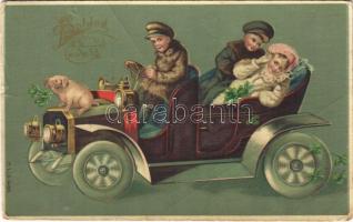1910 Boldog Újévet! / New Year greeting art postcard, automobile, pig. M.S.i.B. litho (kis szakadás / small tear)