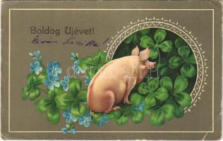 Boldog Újévet! / New Year greeting art postcard, pig with clovers. litho (EB)