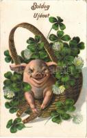1913 Boldog Újévet! / New Year greeting art postcard, pig with clovers and horseshoe. litho (EK)