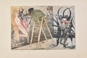 Kondor Lajos (1926-2006): Aki az ördögöt falra festi. Színes rézkarc, papír, jelzett, számozott: 20/25. 29×39 cm