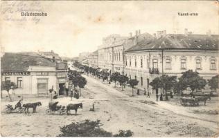 1916 Békéscsaba, Vasút utca, lovashintók, Egyesület, Kádár József üzlete (szakadás / tear)