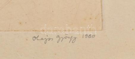 Olajos György (1953-): Csírák, 1980. Rézkarc, papír, jelzett. Lapon törésnyomokkal, lap szélén szaka...