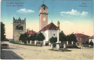 1917 Poprád (Tátra, Tatry); Fő tér, Csonka torony, templom, szobor, Galló Ede üzlete / main square, tower, church, statue, shop (EK)