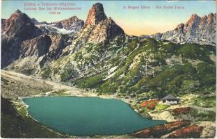 1917 Tátra, Vysoké Tatry; Zöld-tó a Fehérvíz-völgyben / Grüner See im Weisswassertal 1542 m / lake, valley, chalet