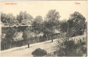 1908 Piski, Simeria; Vasútállomás, vasúti átjáró híd, vagonok. Adler fényirda 1907. / railway station, pedestrian railway bridge