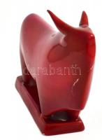 Zsolnay porcelán bika, tervező: Török János, ökörvér mázas, jelzés nélkül, sérült, m: 14 cm, h: 17 c...