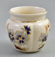 Zsolnay búzavirág mintás porcelán mini kaspó, d: 5 cm, m: 5,5 cm, jelzett, apró kopásnyomokkal