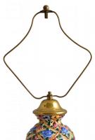 Kerámia elektromos lámpa fa talapzattal, fém szerelékkel, selyem lámpaernyővel, vezetékkel, kapcsoló...