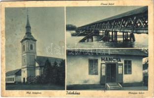 1940 Tekeháza, Tekovo, Tekove; Református templom, Tiszai fahíd, Hangya üzlete és saját kiadása / Calvinist church, Tisa wooden bridge, cooperative shop + kétnyelvű bélyeg / bilingual cancellation (EK)