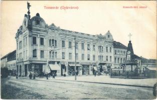 Temesvár, Timisoara; Gyárváros, Kossuth tér, emlékmű, Nenadovits, Schild Károly, Bleier M. üzlete / Fabric, square, statue, shops (fa)
