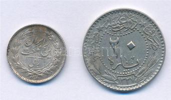 Oszmán Birodalom 1913. (1327) 20p Ni + Irán 1936. (1315) 1/4R Ag T:2,1- patina Ottoman Empire 1913. (1327) 20 Para Ni + 1936. (1315) 1/4 Rial Ag C:XF,AU patina