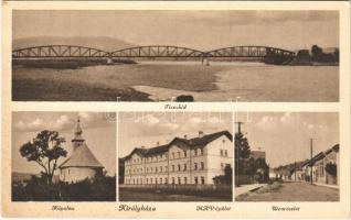 Királyháza, Korolevo, Královo nad Tisou; Tiszahíd, Kápolna, utca, MÁV épület, vasútállomás / Tisa bridge, chapel, street, railway station