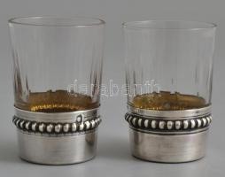 Ezüst(Ag) talpas üveg pálinkás pohár, 2 db, jelzett, hibátlan, m: 5 cm