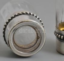 Ezüst(Ag) talpas üveg pálinkás pohár, 2 db, jelzett, hibátlan, m: 5 cm