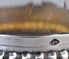 Ezüst(Ag) talpas üveg pálinkás pohár, 2 db, jelzett, hibátlan, m: 5 cm