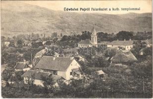 1920 Puj, Pui; falurészlet a katolikus templommal / church