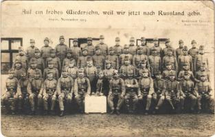 1914 Győr, orosz frontra induló osztrák-magyar katonák csoportja / Auf ein frohes Wiedersehn, weil wir jetzt nach Russland gehn / WWI Austro-Hungarian K.u.K. military, group of soldiers going to the Russian front. Rembrandt fényirda photo (EK)