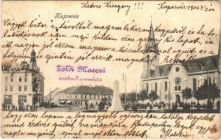 1906 Kaposvár, tér, szobor, templom. Zöldi Marcsi szalonhumorista reklám (fl)