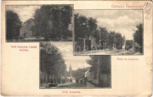 1909 Ürmény, Urmin, Mojmírovce; Katolikus templom, Gróf Hunyady László kastély, üzlet. Steiner Adolf kiadása / church, castle, shops (EK)