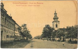 Perjámos, Periam; Kossuth Lajos utca, templom. W. L. 1627. / Kossuth Lajos Gasse / street view, church (EM)