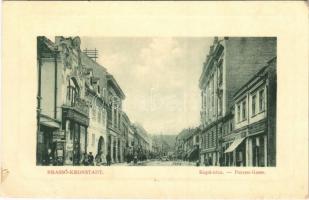 Brassó, Kronstadt, Brasov; Kapu utca, Brassói Lapok, Szegedy L. üzlete, Bodendorf cukrászdája. W. L. Bp. 6844. / Purzen-Gasse / street view, shops, confectionery (kis szakadás / small tear)