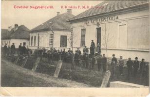 Nagybélic, Velké Bielice (Simony, Partizánske); Római katolikus népiskola és FMKE községi óvoda. Reiszel József kiadása / school and kindergarten (EK)