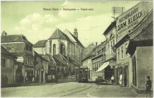 Nagyszeben, Hermannstadt, Sibiu; Strada Garii / Bahngasse / Vasút utca, villamos, Sam. Klusch üzlete. Kraft & Drotleff kiadása / street view, tram, shops