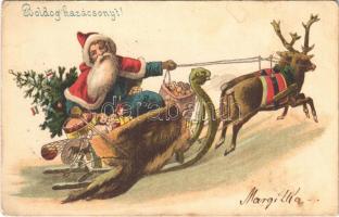 Boldog Karácsonyt! Mikulás szánon / Christmas, Saint Nicholas on sleigh. litho  (EK)