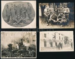 Vegyes világháborús katonai fotók, csoportkép, épületromok, stb., 4 db, 6,5×10,5 és 8,5×11 cm közötti méretekben