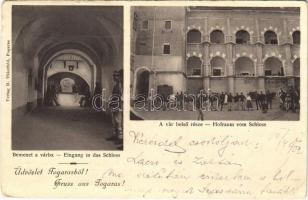 1902 Fogaras, Fagaras; Bemenet a várba, a vár belső része. D. Thierfeld kiadása / Eingang in das Schloss, Hofraum vom Schloss / castle, K.u.K. soldiers (EK)