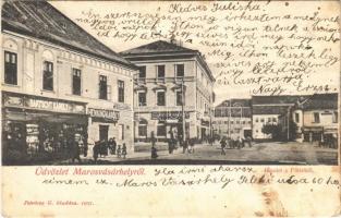 1907 Marosvásárhely, Targu Mures; Fő tér, Bartscht Károly, Henning Károly, Falkenstein Ödön, Csiky Emil, Kohn üzlete, Budapesti férfi ruharaktár. Petróczy G. kiadása / main square, shops, warehouse (b)