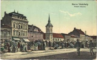 1911 Marosvásárhely, Targu Mures; Fő tér, Petrás Géza, Szalmásy Gyula, Hary Géza, Schwartz János üzlete, piac. Porjes S. Sándor kiadása / main square, shops (ragasztónyom / glue marks)